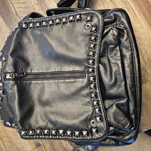 Black Studded Leather Backpack with Textured Finish